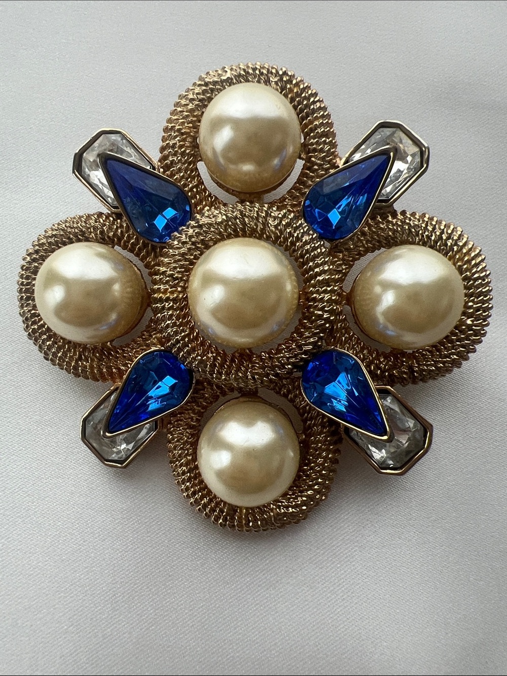 Vintage SCAASI Signed Gold-Tone Faux Pearl Blue Crystal Floral Brooch Pendant